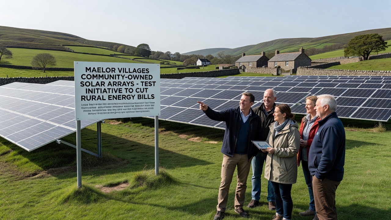Residents of a Maelor village attending a community meeting about the solar array project with informational displays visible