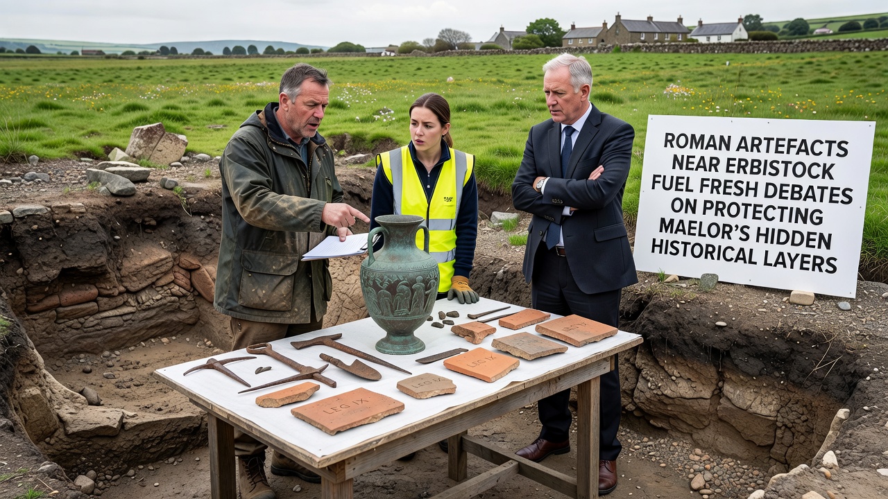 Archaeologists documenting Roman remains during a survey in Maelor fields